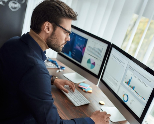 Business person reviewing charts on computer