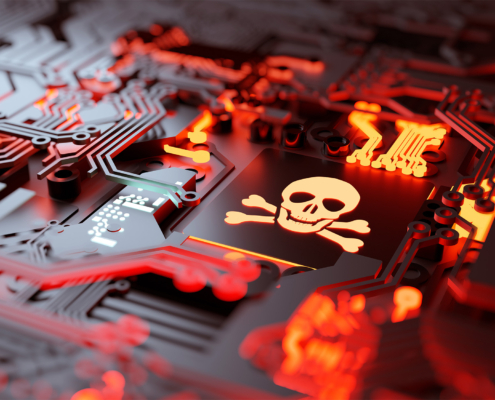 Vulnerable computer hardware being hacked and network ransomware digital cybercrime background concept. 3D illustration.