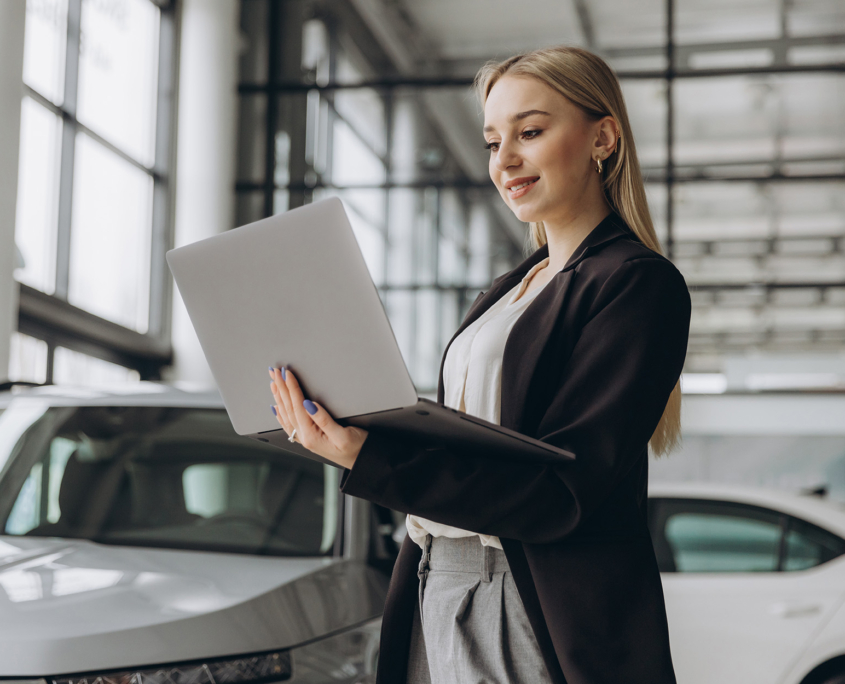 Portrait of confident successful sales woman using laptop computer in car dealership