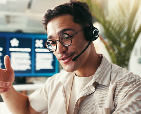 Consultant, telemarketing and man with customer service