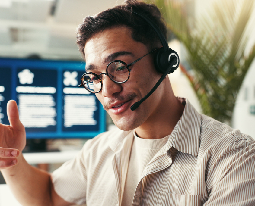 Consultant, telemarketing and man with customer service